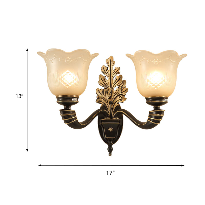 1/2-Light Wall Light Fixture Vintage Blossom Carved Glass Wall Sconce with Curved Arm in Black for Living Room Clearhalo 'Wall Lamps & Sconces' 'Wall Lights' Lighting' 224035