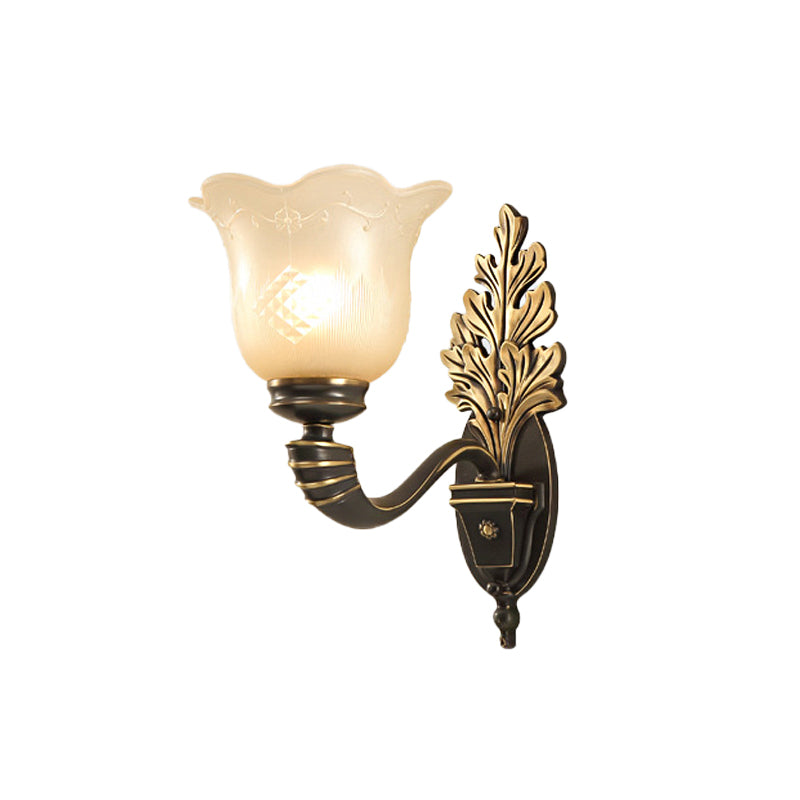 1/2-Light Wall Light Fixture Vintage Blossom Carved Glass Wall Sconce with Curved Arm in Black for Living Room Clearhalo 'Wall Lamps & Sconces' 'Wall Lights' Lighting' 224039