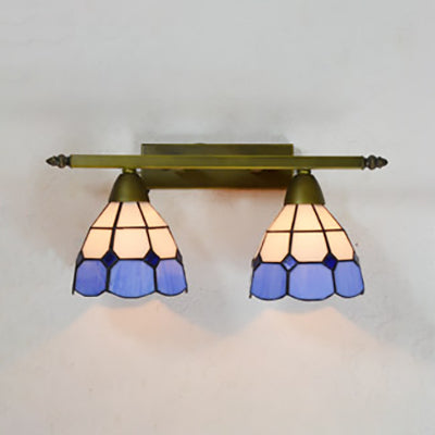 Stained Glass Domed Wall Lighting Tiffany Style 2 Heads Wall Sconce Light in Yellow/Pink/Green/Blue for Bedroom Blue Clearhalo 'Industrial' 'Middle century wall lights' 'Tiffany wall lights' 'Tiffany' 'Wall Lamps & Sconces' 'Wall Lights' Lighting' 22404