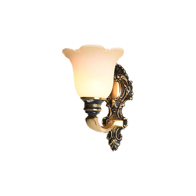 Floral Bedroom Wall Sconce Light Traditional White Glass 1/2-Light Brass Wall Lamp with Metal Curvy Arm Clearhalo 'Wall Lamps & Sconces' 'Wall Lights' Lighting' 224053