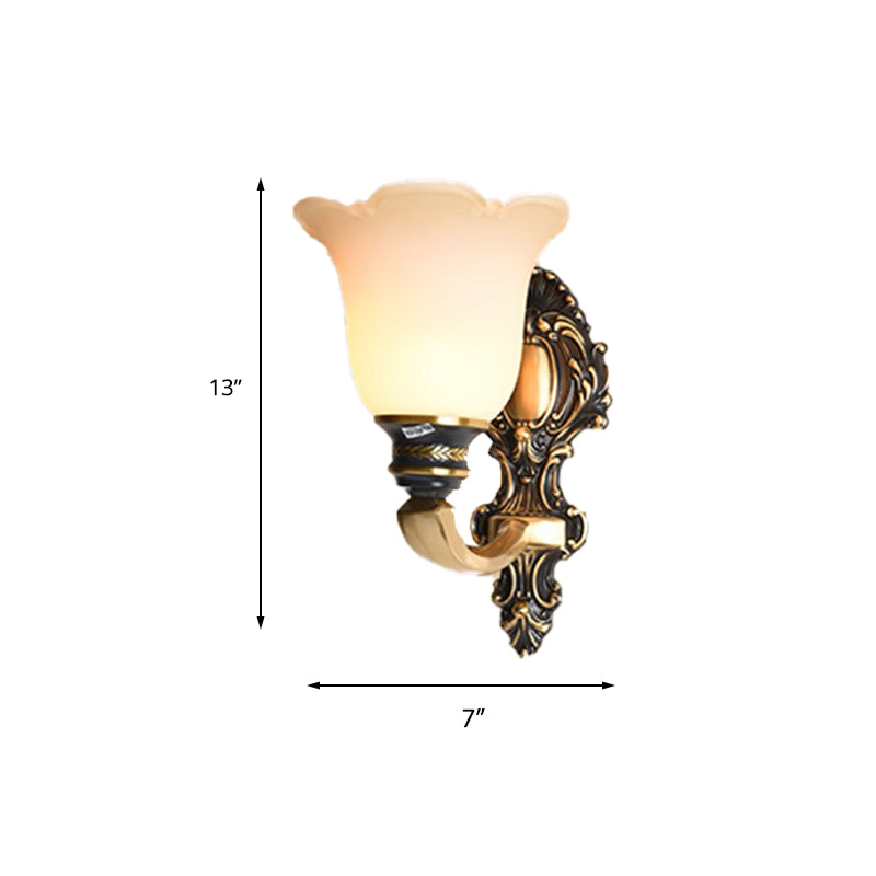 Floral Bedroom Wall Sconce Light Traditional White Glass 1/2-Light Brass Wall Lamp with Metal Curvy Arm Clearhalo 'Wall Lamps & Sconces' 'Wall Lights' Lighting' 224054