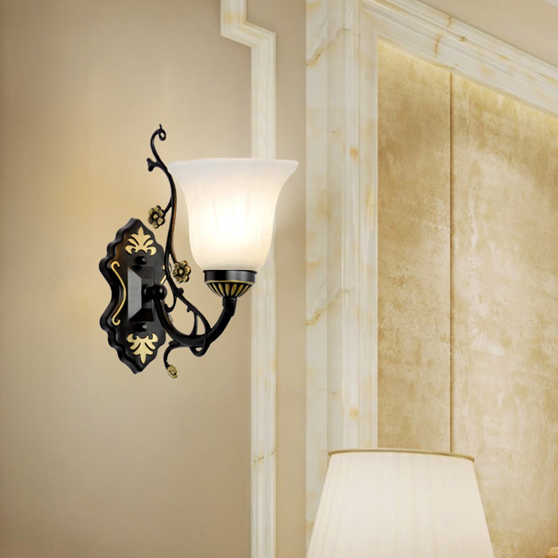 Bell Living Room Wall Light Sconce Vintage Style Metal 1/2 Lights Black Wall Lamp with White Glass Shade Clearhalo 'Wall Lamps & Sconces' 'Wall Lights' Lighting' 224059