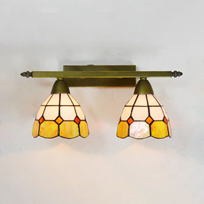 Stained Glass Domed Wall Lighting Tiffany Style 2 Heads Wall Sconce Light in Yellow/Pink/Green/Blue for Bedroom Yellow Clearhalo 'Industrial' 'Middle century wall lights' 'Tiffany wall lights' 'Tiffany' 'Wall Lamps & Sconces' 'Wall Lights' Lighting' 22406