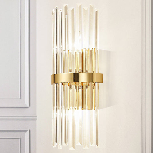 Cylinder Wall Mounted Lamp Contemporary Style Clear Crystal 2 Bulbs Golden Wall Lighting for Living Room Gold Clearhalo 'Cast Iron' 'Glass' 'Industrial' 'Modern wall lights' 'Modern' 'Tiffany' 'Traditional wall lights' 'Wall Lamps & Sconces' 'Wall Lights' Lighting' 224076