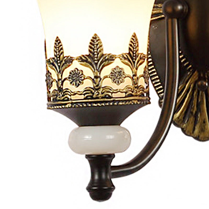 Black Bell Wall Mounted Light Traditional White Glass Shade 1/2-Light  Bedroom Wall Sconce with Metal Curvy Arm