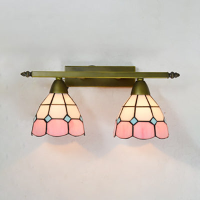 Stained Glass Domed Wall Lighting Tiffany Style 2 Heads Wall Sconce Light in Yellow/Pink/Green/Blue for Bedroom Pink Clearhalo 'Industrial' 'Middle century wall lights' 'Tiffany wall lights' 'Tiffany' 'Wall Lamps & Sconces' 'Wall Lights' Lighting' 22410