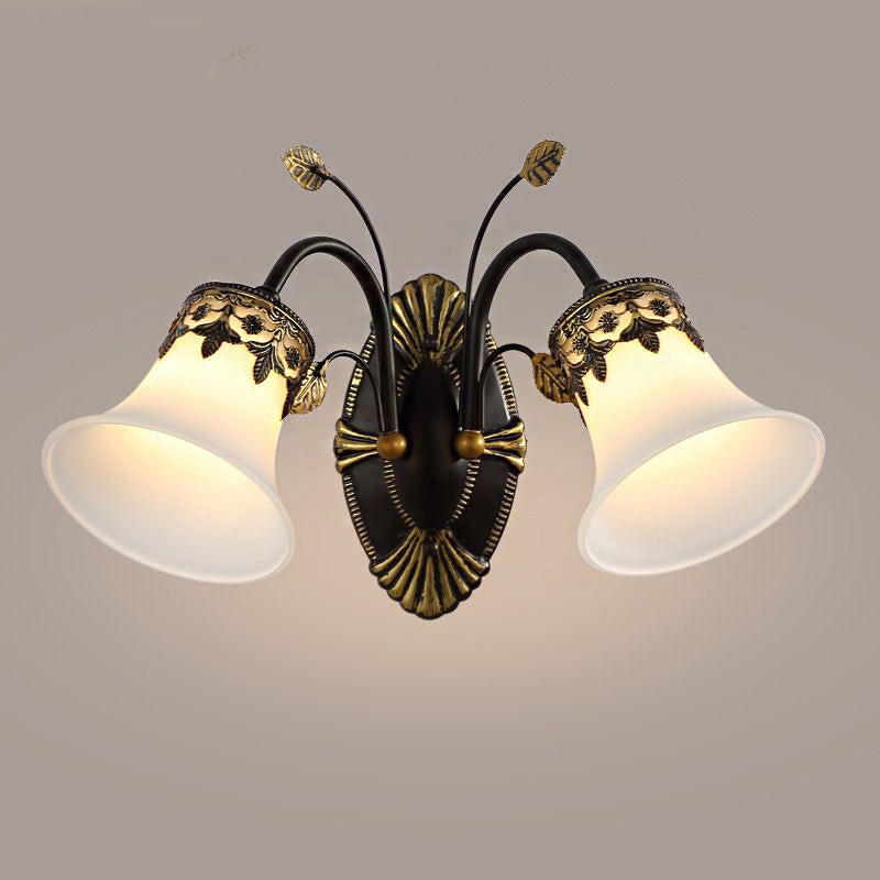 Frosted Glass Black Wall Sconce Bell 1/2-Light Vintage Wall Mount Light Fixture with Curved Arm for Foyer 2.0 Black Clearhalo 'Wall Lamps & Sconces' 'Wall Lights' Lighting' 224109