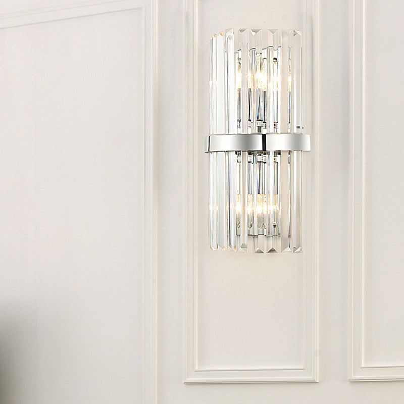 Contemporary Style Cylinder Wall Sconce Fixture Clear Crystal 2 Lights Bedroom Wall Lighting in Chrome Chrome Clearhalo 'Modern wall lights' 'Modern' 'Wall Lamps & Sconces' 'Wall Lights' Lighting' 224118