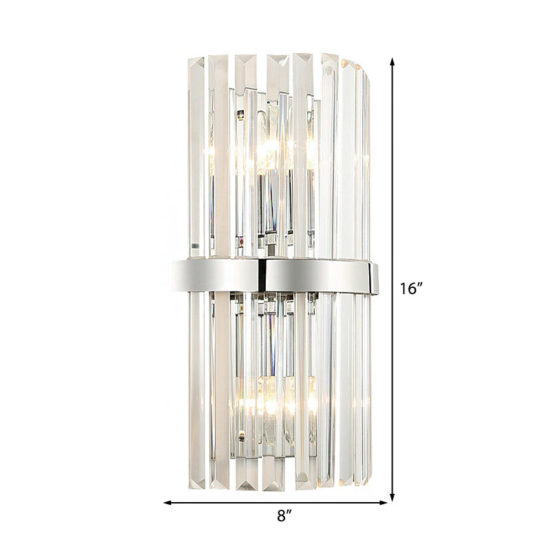 Contemporary Style Cylinder Wall Sconce Fixture Clear Crystal 2 Lights Bedroom Wall Lighting in Chrome Clearhalo 'Modern wall lights' 'Modern' 'Wall Lamps & Sconces' 'Wall Lights' Lighting' 224121