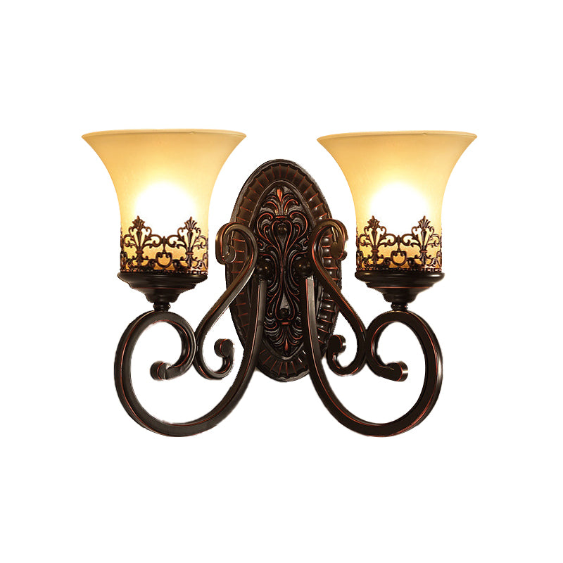 Frosted Glass Red Brown Wall Sconce Bell 1/2-Bulb Vintage Wall Light Fixture with Carved Backplate for Bedroom Clearhalo 'Wall Lamps & Sconces' 'Wall Lights' Lighting' 224124