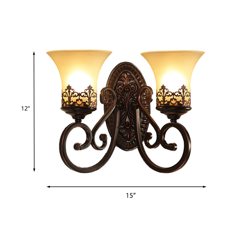 Frosted Glass Red Brown Wall Sconce Bell 1/2-Bulb Vintage Wall Light Fixture with Carved Backplate for Bedroom Clearhalo 'Wall Lamps & Sconces' 'Wall Lights' Lighting' 224125