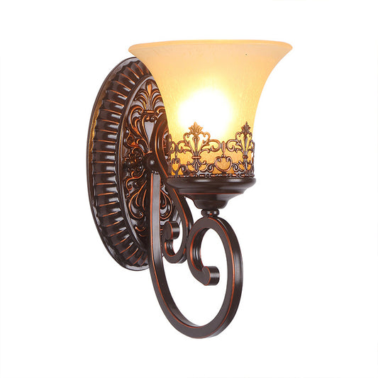 Frosted Glass Red Brown Wall Sconce Bell 1/2-Bulb Vintage Wall Light Fixture with Carved Backplate for Bedroom Clearhalo 'Wall Lamps & Sconces' 'Wall Lights' Lighting' 224130