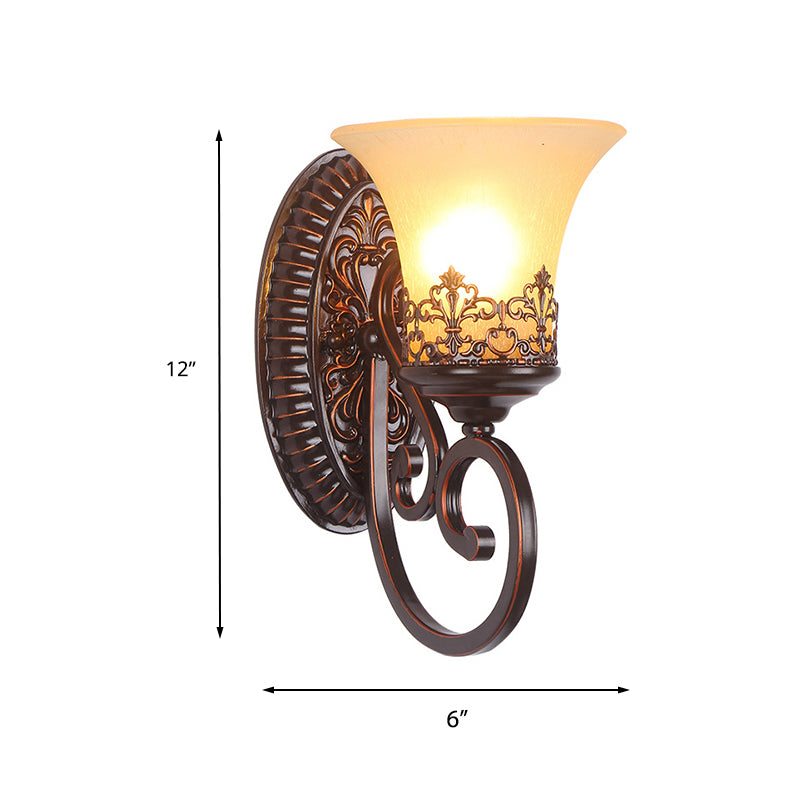 Frosted Glass Red Brown Wall Sconce Bell 1/2-Bulb Vintage Wall Light Fixture with Carved Backplate for Bedroom Clearhalo 'Wall Lamps & Sconces' 'Wall Lights' Lighting' 224131