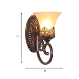 Frosted Glass Red Brown Wall Sconce Bell 1/2-Bulb Vintage Wall Light Fixture with Carved Backplate for Bedroom Clearhalo 'Wall Lamps & Sconces' 'Wall Lights' Lighting' 224131