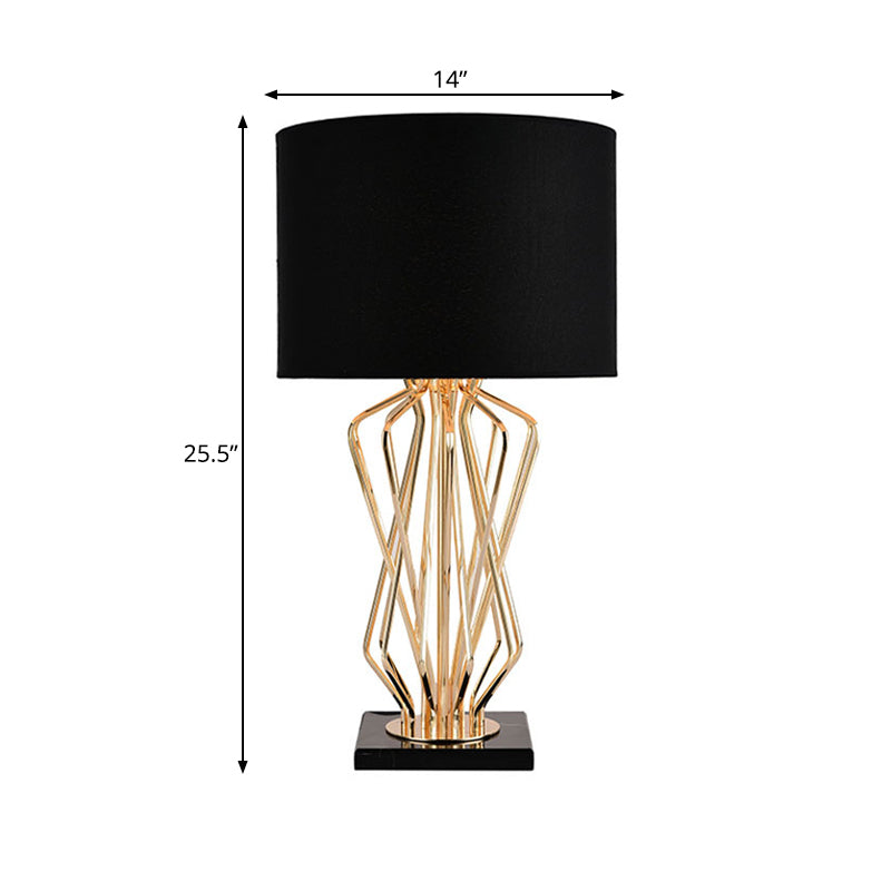 Black/White 1 Light Task Lighting Classic Fabric Drum Night Table Lamp for Bedroom with Geometric Base Clearhalo 'Lamps' 'Table Lamps' Lighting' 224135