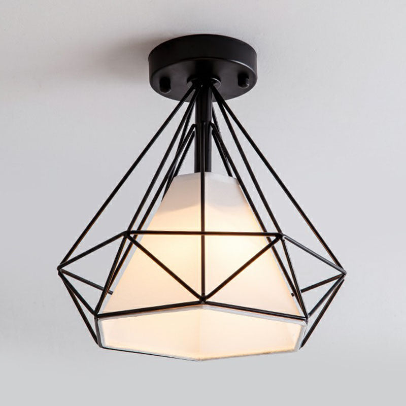 Iron Diamond Cage Semi Flush Light Simplicity Single Corridor Flush Ceiling Light Fixture Black White Clearhalo 'Ceiling Lights' 'Close To Ceiling Lights' 'Close to ceiling' 'Semi-flushmount' Lighting' 2241372