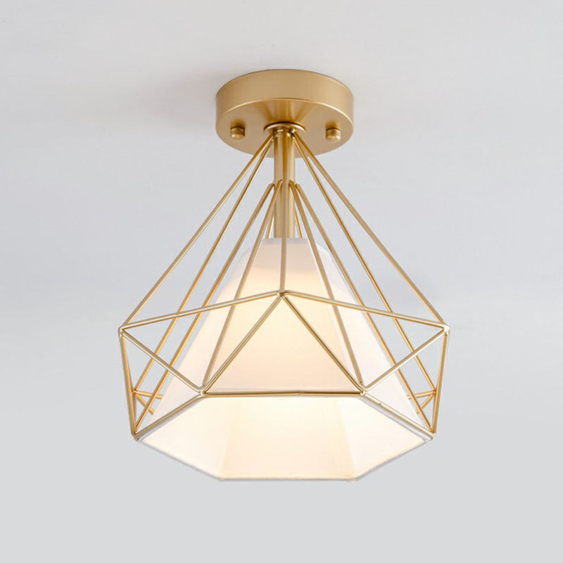 Iron Diamond Cage Semi Flush Light Simplicity Single Corridor Flush Ceiling Light Fixture Gold White Clearhalo 'Ceiling Lights' 'Close To Ceiling Lights' 'Close to ceiling' 'Semi-flushmount' Lighting' 2241373