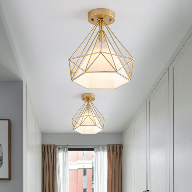 Iron Diamond Cage Semi Flush Light Simplicity Single Corridor Flush Ceiling Light Fixture Clearhalo 'Ceiling Lights' 'Close To Ceiling Lights' 'Close to ceiling' 'Semi-flushmount' Lighting' 2241374