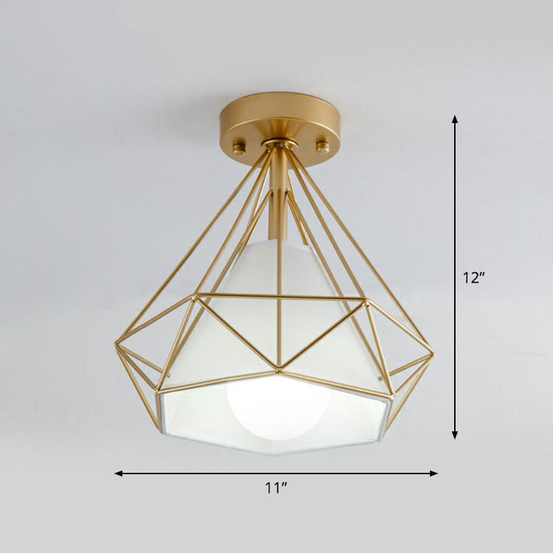 Iron Diamond Cage Semi Flush Light Simplicity Single Corridor Flush Ceiling Light Fixture Clearhalo 'Ceiling Lights' 'Close To Ceiling Lights' 'Close to ceiling' 'Semi-flushmount' Lighting' 2241377