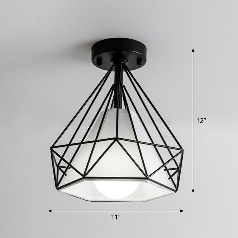 Iron Diamond Cage Semi Flush Light Simplicity Single Corridor Flush Ceiling Light Fixture Clearhalo 'Ceiling Lights' 'Close To Ceiling Lights' 'Close to ceiling' 'Semi-flushmount' Lighting' 2241378