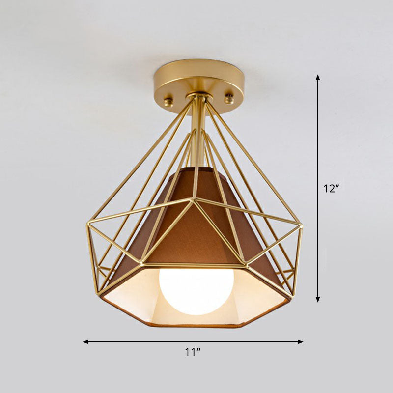 Iron Diamond Cage Semi Flush Light Simplicity Single Corridor Flush Ceiling Light Fixture Gold Brown Clearhalo 'Ceiling Lights' 'Close To Ceiling Lights' 'Close to ceiling' 'Semi-flushmount' Lighting' 2241380