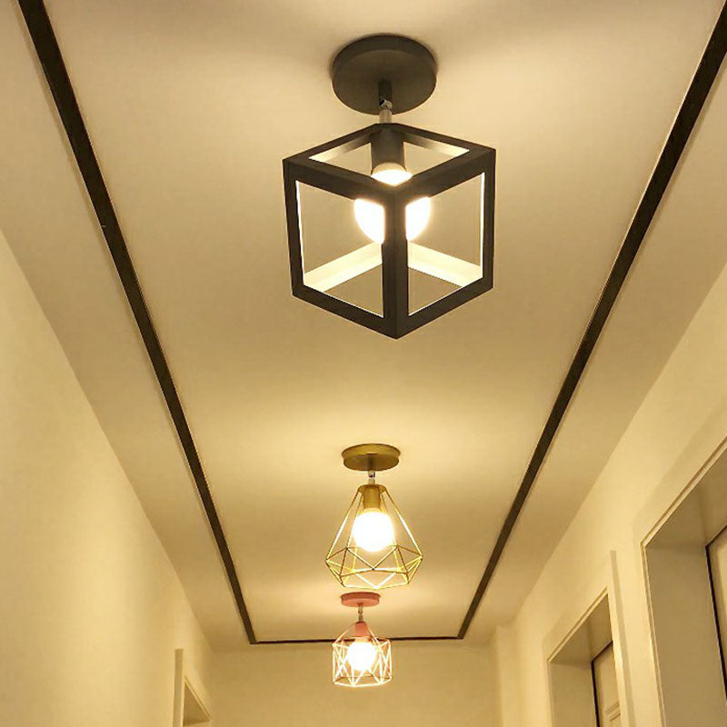 Retro Geometric Semi Flush Mount Lighting 1��Head Iron Flush Mount Fixture for Entryway Clearhalo 'Ceiling Lights' 'Close To Ceiling Lights' 'Close to ceiling' 'Semi-flushmount' Lighting' 2241396