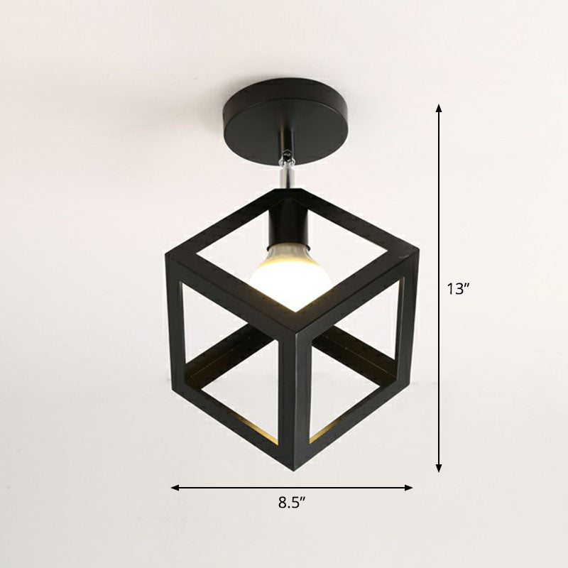 Retro Geometric Semi Flush Mount Lighting 1��Head Iron Flush Mount Fixture for Entryway Black Square Clearhalo 'Ceiling Lights' 'Close To Ceiling Lights' 'Close to ceiling' 'Semi-flushmount' Lighting' 2241399