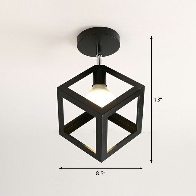 Retro Geometric Semi Flush Mount Lighting 1 Head Iron Flush Mount Fixture for Entryway Black Square Clearhalo 'Ceiling Lights' 'Close To Ceiling Lights' 'Lighting' 2241399_82bfd118-0834-44f9-b6dc-90f0446f04ec