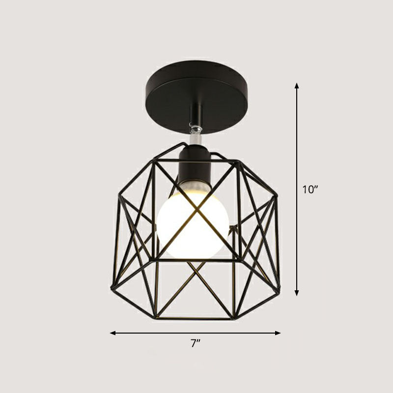 Retro Geometric Semi Flush Mount Lighting 1��Head Iron Flush Mount Fixture for Entryway Black Hexagon Clearhalo 'Ceiling Lights' 'Close To Ceiling Lights' 'Close to ceiling' 'Semi-flushmount' Lighting' 2241407