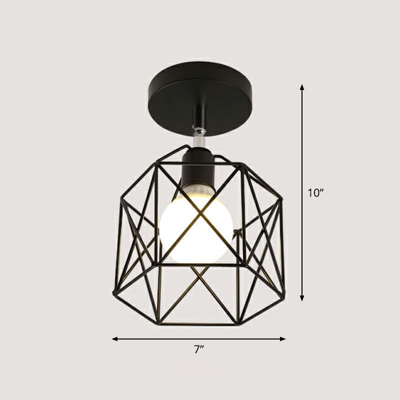 Retro Geometric Semi Flush Mount Lighting 1 Head Iron Flush Mount Fixture for Entryway Black Hexagon Clearhalo 'Ceiling Lights' 'Close To Ceiling Lights' 'Lighting' 2241407_f569b26a-67a3-4a00-a6f1-d4c146333530