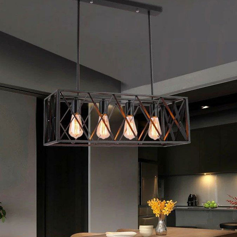 Industrial Cross Framed Box Pendant Light Iron Hanging Island Light in Black for Dining Room Clearhalo 'Ceiling Lights' 'Island Lights' Lighting' 2241413