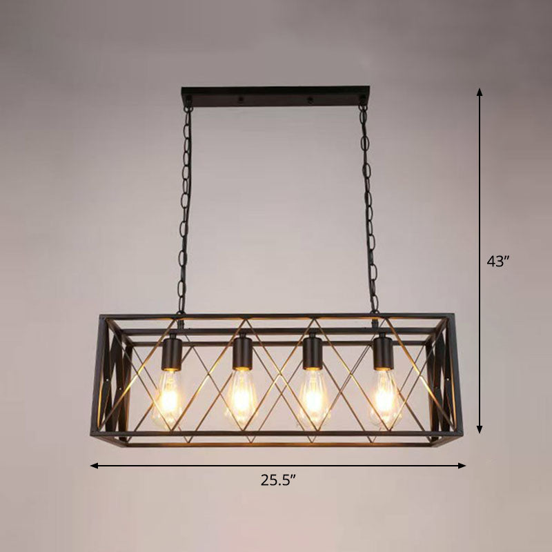 Industrial Cross Framed Box Pendant Light Iron Hanging Island Light in Black for Dining Room 4 Black Chain Clearhalo 'Ceiling Lights' 'Island Lights' Lighting' 2241414