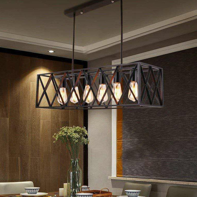 Industrial Cross Framed Box Pendant Light Iron Hanging Island Light in Black for Dining Room Clearhalo 'Ceiling Lights' 'Island Lights' Lighting' 2241417