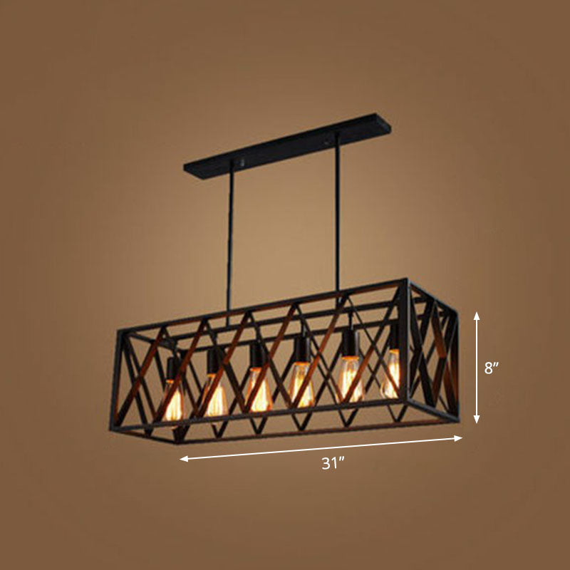 Industrial Cross Framed Box Pendant Light Iron Hanging Island Light in Black for Dining Room 6 Black Downrods Clearhalo 'Ceiling Lights' 'Island Lights' Lighting' 2241418
