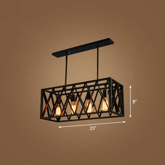 Industrial Cross Framed Box Pendant Light Iron Hanging Island Light in Black for Dining Room 4 Black Downrods Clearhalo 'Ceiling Lights' 'Island Lights' Lighting' 2241419