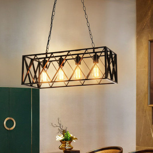 Rectangular Iron Island Pendant Lighting Vintage Dining Room Ceiling Light in Black 4 Black Clearhalo 'Ceiling Lights' 'Island Lights' Lighting' 2241422