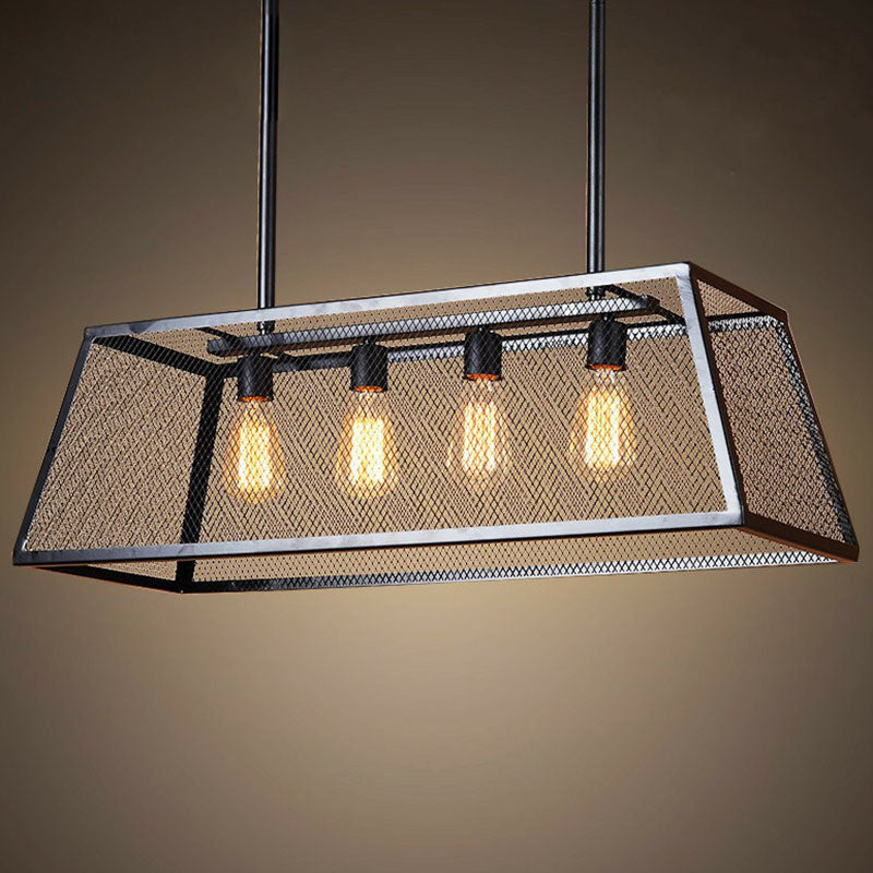 Iron Trapezoid Suspension Light Antique 4 Heads Restaurant Island Chandelier Light in Black Clearhalo 'Ceiling Lights' 'Island Lights' Lighting' 2241426