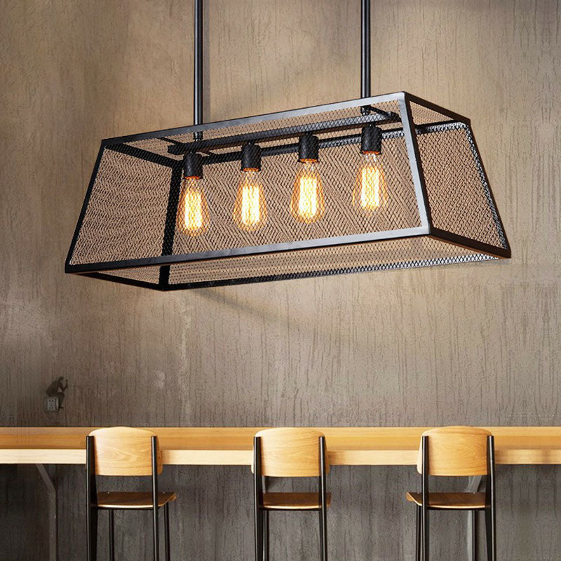 Iron Trapezoid Suspension Light Antique 4 Heads Restaurant Island Chandelier Light in Black Clearhalo 'Ceiling Lights' 'Island Lights' Lighting' 2241428