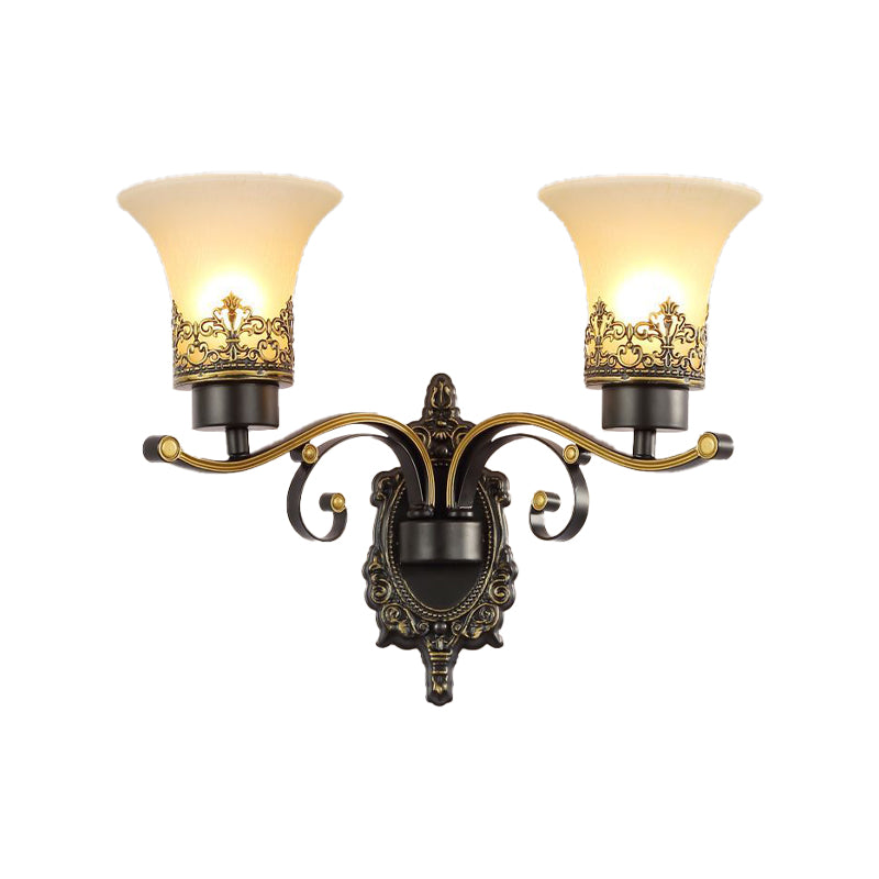 Traditional Flared Wall Mounted Lamp 1/2-Light Frosted Glass Shade Wall Sconce Light in Black for Living Room Clearhalo 'Wall Lamps & Sconces' 'Wall Lights' Lighting' 224149