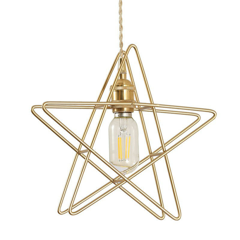 Star Frame Iron Suspension Lighting Retro Style 1��Head Restaurant Pendant Ceiling Light in Gold Gold Pentagon Clearhalo 'Ceiling Lights' 'Industrial Pendants' 'Industrial' 'Middle Century Pendants' 'Pendant Lights' 'Pendants' 'Tiffany' Lighting' 2241515_ca730559-3904-4d9b-9e80-baeb8d328715