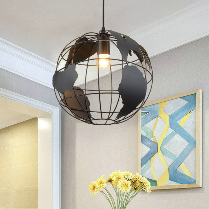 Single-Bulb Hanging Lamp Vintage Terrestrial Globe Iron Lighting Pendant for Corridor Black Clearhalo 'Art Deco Pendants' 'Black' 'Cast Iron' 'Ceiling Lights' 'Ceramic' 'Crystal' 'Industrial Pendants' 'Industrial' 'Metal' 'Middle Century Pendants' 'Pendant Lights' 'Pendants' 'Rustic Pendants' 'Tiffany' Lighting' 2241522