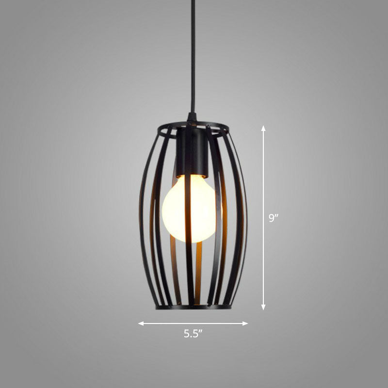 Geometric Cage Iron Hanging Light Simplicity 1 Bulb Corridor Pendant Light Fixture in Black Black Oval Clearhalo 'Art Deco Pendants' 'Black' 'Cast Iron' 'Ceiling Lights' 'Ceramic' 'Crystal' 'Industrial' 'Metal' 'Pendant Lights' 'Rustic Pendants' 'Tiffany' Lighting' 2241536