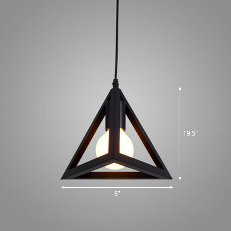 Geometric Cage Iron Hanging Light Simplicity 1 Bulb Corridor Pendant Light Fixture in Black Black Triangle Clearhalo 'Art Deco Pendants' 'Black' 'Cast Iron' 'Ceiling Lights' 'Ceramic' 'Crystal' 'Industrial' 'Metal' 'Pendant Lights' 'Rustic Pendants' 'Tiffany' Lighting' 2241538