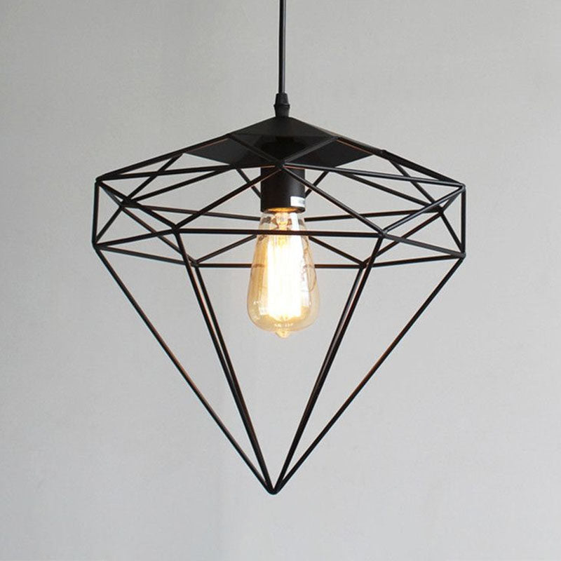 Iron Gemstone Frame Suspension Lighting Retro Style 1��Head Restaurant Pendant Ceiling Light in Black Black A Clearhalo 'Ceiling Lights' 'Industrial Pendants' 'Industrial' 'Middle Century Pendants' 'Pendant Lights' 'Pendants' 'Tiffany' Lighting' 2241546_b990a7c6-75ac-4fdd-8f0b-af1d770e126e