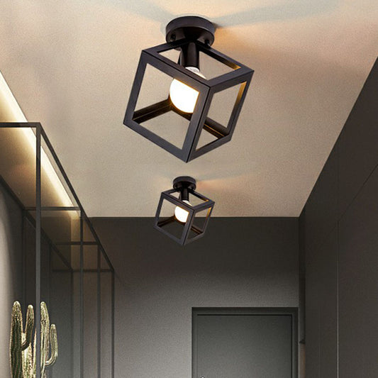 Geometric Metallic Semi Flush Fixture Antique Single-Bulb Corridor Flush Mount Ceiling Light in Black Clearhalo 'Ceiling Lights' 'Close To Ceiling Lights' 'Close to ceiling' 'Semi-flushmount' Lighting' 2241623