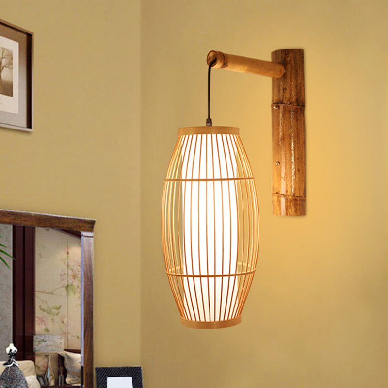 Barrel Bamboo Wall Light Minimalist 1 Head Wood Wall Lighting Fixture for Restaurant Wood Clearhalo 'Wall Lamps & Sconces' 'Wall Lights' Lighting' 2241686