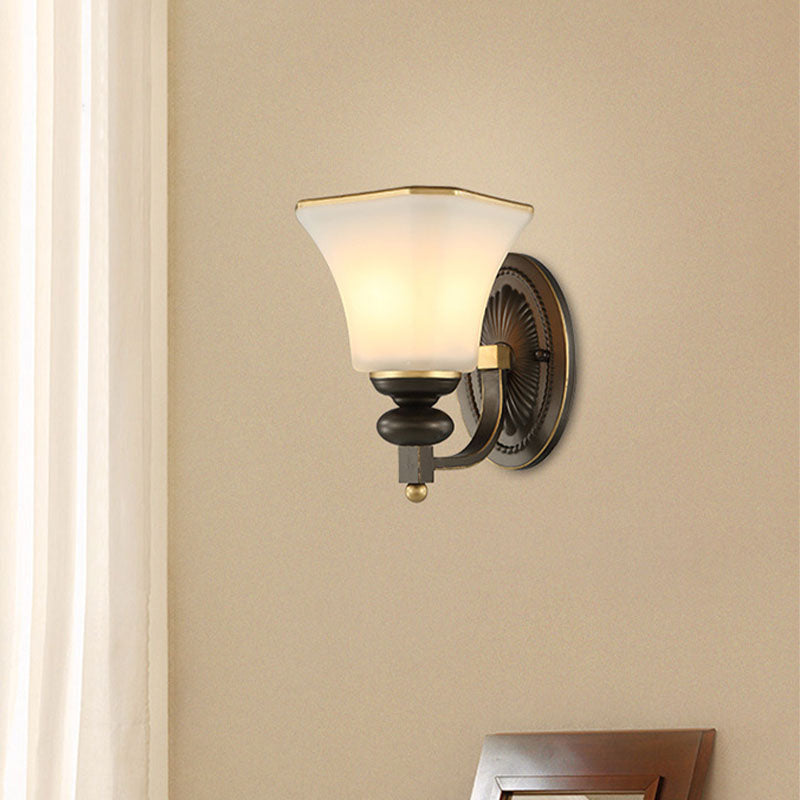 Retro Bell Wall Lamp 1 Light Frosted Glass Wall Sconce Light with Metal Curved Arm in Black for Porch Black Clearhalo 'Wall Lamps & Sconces' 'Wall Lights' Lighting' 224182