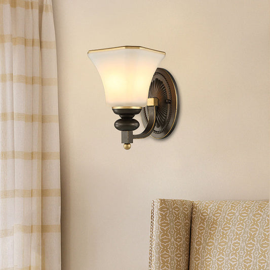 Retro Bell Wall Lamp 1 Light Frosted Glass Wall Sconce Light with Metal Curved Arm in Black for Porch Clearhalo 'Wall Lamps & Sconces' 'Wall Lights' Lighting' 224183