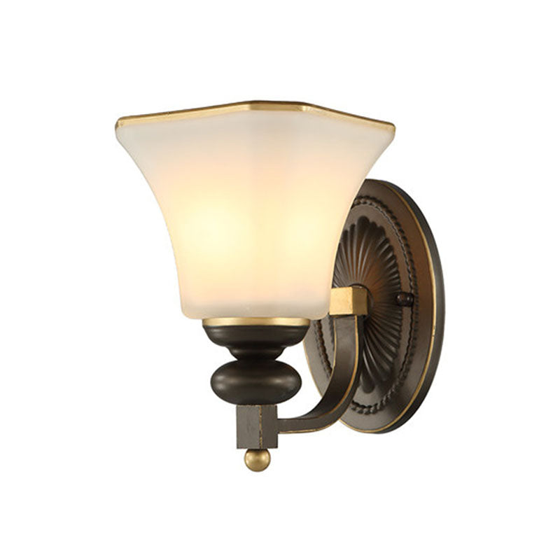 Retro Bell Wall Lamp 1 Light Frosted Glass Wall Sconce Light with Metal Curved Arm in Black for Porch Clearhalo 'Wall Lamps & Sconces' 'Wall Lights' Lighting' 224184