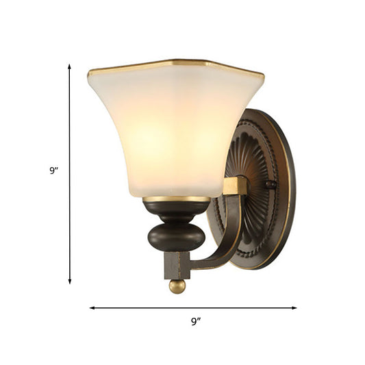 Retro Bell Wall Lamp 1 Light Frosted Glass Wall Sconce Light with Metal Curved Arm in Black for Porch Clearhalo 'Wall Lamps & Sconces' 'Wall Lights' Lighting' 224185